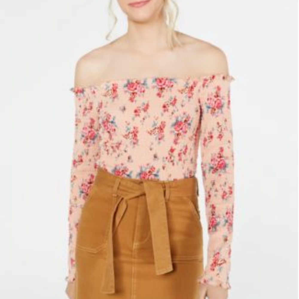 Self Esteem Pink Floral Printed Smocked Off Shoulder Top Juniors Size Small